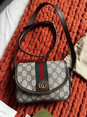 Gucci Tan GG Supreme Crossbody with Green and Red Web
